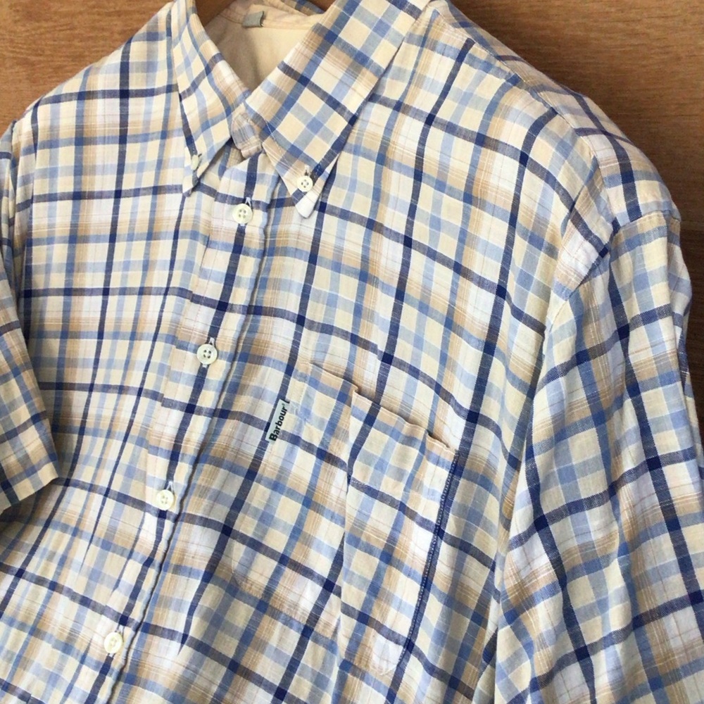 VTG Barbour Men's Blue and Tan Plaid Linen Short Sleeve Shirt  L